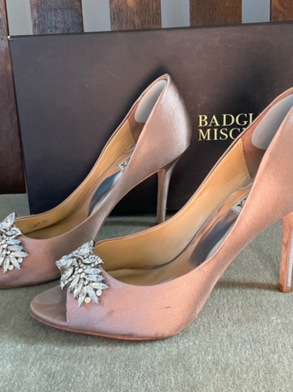 Badgley Mischka Rose Pink Satin Crystal-Embellished Peep-Toe Pumps